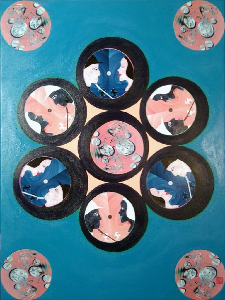 Visuman, Punkt 13 Der Tisch der Weisheit, 80 x 60 cm, Collage und Acryl auf Leinwand, 2014, Hieronymus Bosch